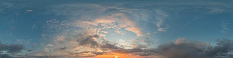Dark blue sunset sky panorama with Cirrus clouds. Seamless hdr pano in spherical equirectangular...
