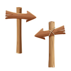 wooden arrow signs isolated on white. realistic guide post, road sign or pointer fastened with rope and nails. Rustic directional signs collection for game ui or ad design. Cartoon style illustration