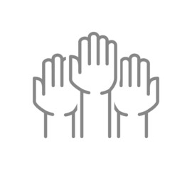 Three raised hands line icon. Unity and teamwork symbol