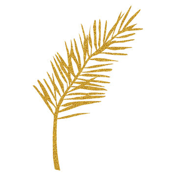 Golden glitter texture leaf hand drawn watercolor greenery illustration. Skock image