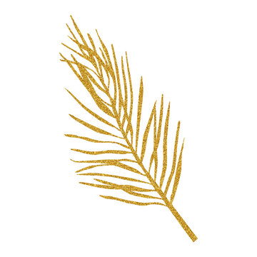 Golden glitter texture leaf hand drawn watercolor greenery illustration. Skock image