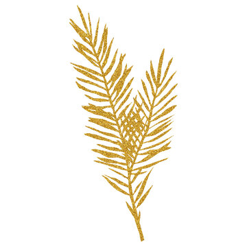 Golden glitter texture leaf hand drawn watercolor greenery illustration. Skock image