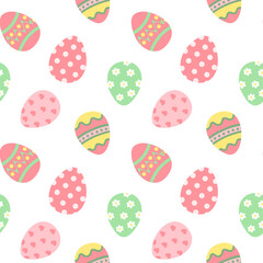 Spring Easter eggs with colorful ornaments. Vector seamless pattern. Isolated on white background. Holiday design for fabric, wrapping, wallpaper.
