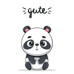 Obraz premium The baby panda sits upright. Cute lettering at the top. Postcard in cartoon kawaii style. Vector for design, banners, children's books and patterns