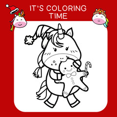 Coloring Unicorn Christmas sets worksheet page. Educational printable coloring worksheet. Coloring game for preschool children. Black and white vector illustration. Motor skills education.