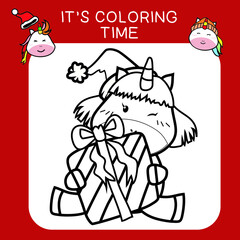 Coloring Unicorn Christmas sets worksheet page. Educational printable coloring worksheet. Coloring game for preschool children. Black and white vector illustration. Motor skills education.
