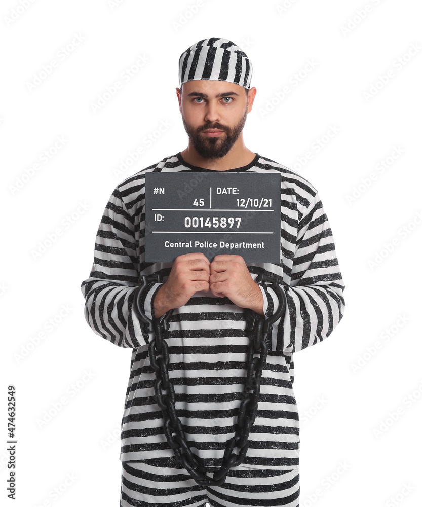 Sticker Prisoner with chained hands holding mugshot letter board on white background