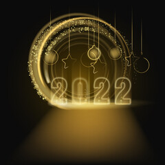 2022 Happy New Year shiny gold color shiny numbers banner design template. Realistic text flash light, flow circle golden particles, glitter, sparkles dust, black background. Vector illustration