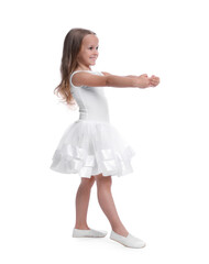 Cute little girl in beautiful dress dancing on white background