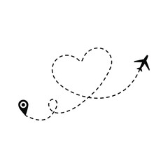 Love travel route. Airplane line path vector icon of air plane flight route travel