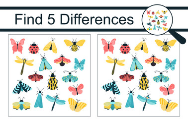Find the differences. Educational game for children. Collection of colorful insects, butterflies, beetles, dragonflies, flowers. Vector illustration, cartoon style.