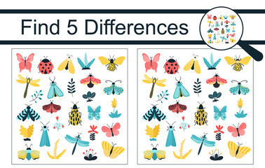 Find the differences. Educational game for children. Collection of colorful insects, butterflies, beetles, dragonflies, flowers. Vector illustration, cartoon style.