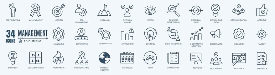 Fototapeta Management web icons in line style. Media, teamwork, business, planning, strategy, marketing. Vector illustration. obraz