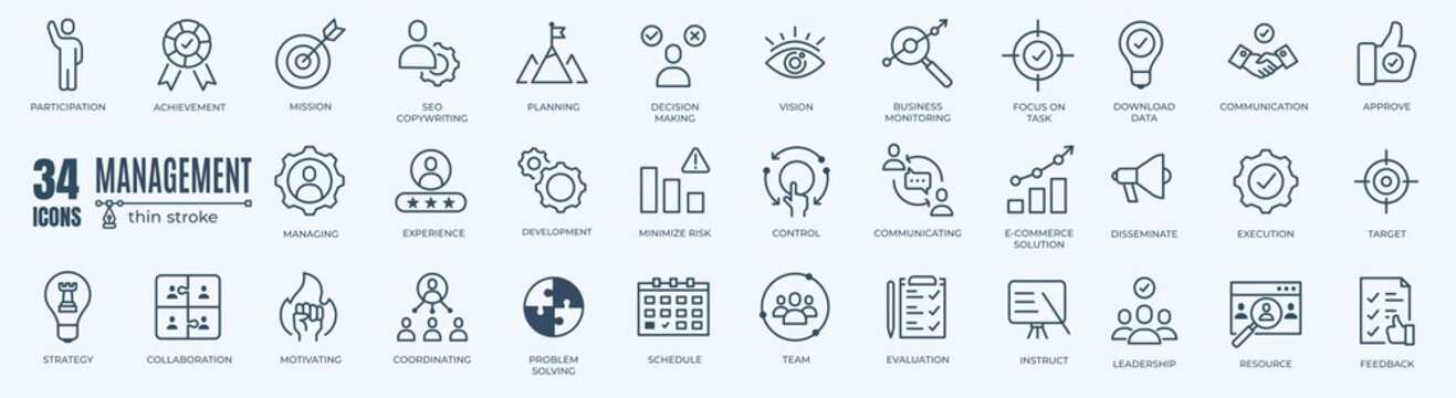 Management web icons in line style. Media, teamwork, business, planning, strategy, marketing. Vector illustration.