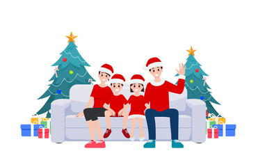 Cartoon vector illustration of a Family father and mother celebrating New Year holiday at home scene with decorate pine tree and gift box. Parents son and daughter sitting on sofa to Merry Christmas.