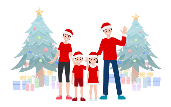 Cartoon vector illustration of a Family father mother and children celebrating the New Year holiday at home with decorated pine tree and gift box. Parents son and daughter standing to Merry Christmas.
