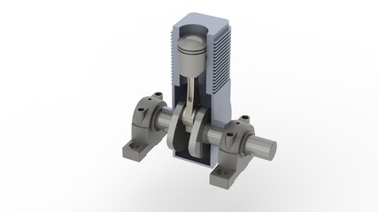 One engine piston with a crankshaft, 3D rendering, white background