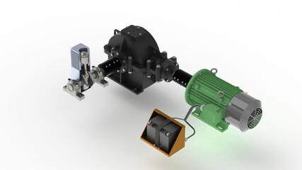 Naklejka premium Simulation of the transformation of mechanical energy into electrical energy:One Piston, Gearbox-Stage reducer, Electric Generator, 3D rendering, white background