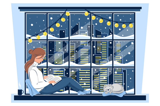 Woman Reading Book And Sitting At The Winter Window, The Cat Is Sleeping Next To It. Cozy Vector Illustration Of Winter Holidays