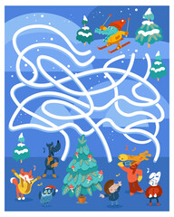 Help the crocodile get to the Christmas party. Find all the path. Maze game for kids. Full color hand drawing vector illustration.