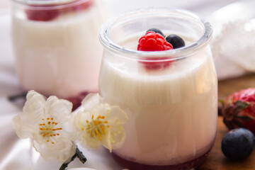 yogurt with wild berries on wooden background