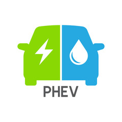 Plug-in hybrid electric vehicles icon (PHEV car), Half section part of Electric energy and fuel engine, Vector illustration - obrazy, fototapety, plakaty