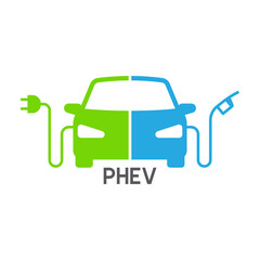 Plug-in hybrid electric vehicles icon (PHEV car), Half section part of Electric energy and fuel engine, Vector illustration - obrazy, fototapety, plakaty