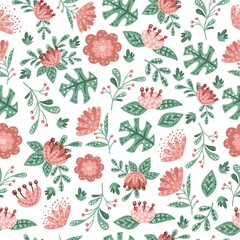 Floral vector pattern. Cute minimalistic flowers and leaves.
