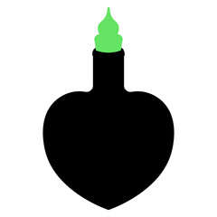 Poison bottle. Silhouette. Heart shaped vessel. The bottle is closed with a green stopper. Vector illustration. A miraculous drink. Witch potion in a flask. Halloween symbol. Isolated white background