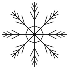 Snowflake. Sketch. Festive ornament. Vector illustration. Outline on an isolated white background. Doodle style. A fragile crystal of intricate shape. Frostwork. Snow flakes. Frozen star. Arctic icon.