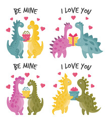 Collection of Cute dinosaurs in love. Couples of dinosaurs for Valentine's card. Romantic lovely dino boy and girl with gifts. Childish design for greeting card's, posters, mugs, clothes.