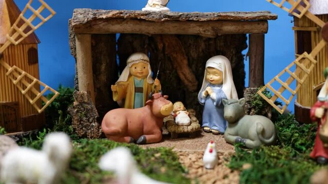 Christmas Belen, Nativity scene,creche with Joseph Mary and Jesus, panning video