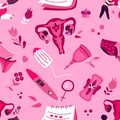 Feminism Menstruation concept Seamless edndless pattern.Womb Uterus.Female Ovaries.Vagina Symbol,female period with menstrual blood,panties,sanitary pad,tampon,reusable cup.Flat vector illustrations