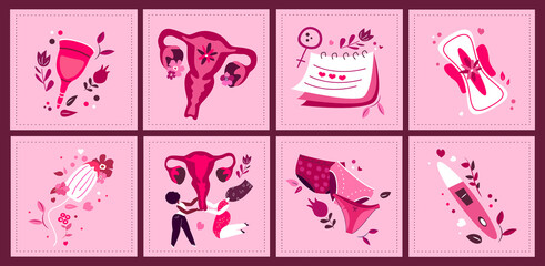 Womb and Uterus.,Female Ovaries,Vagina Symbol,compositions,menstruation.Set of cards with quote about female period,menstrual blood,panties,sanitary pad,tampon,reusable cup.Colored vector illustration
