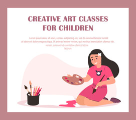 Children Art Classes.Kid Painting Picture on Paper,Children Creativity and Activity Concept.Little Girl Character with Paints,Pencils Enjoy Drawing.Isolated,White Background.People Vector Illustration
