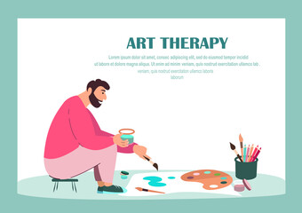 Art Therapy Classes for Adults.Man Painting Picture on Paper,Relaxing Creativity and Activity Concept.Character with Paints,Pencils Enjoy Drawing.Isolated,White Background.People Vector Illustration