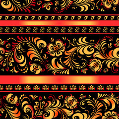 A horizontal seamless pattern with red flowers and leaves - 474638550