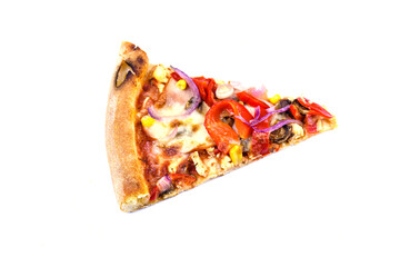 Piece of mexicana pizza with salami sausage, vegetables and parmesan cheese isolated on a white background
