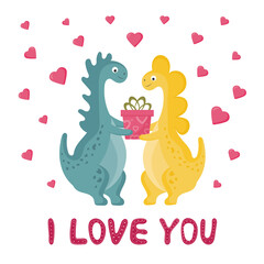 Cute couple of dinosaurs in love. Sweet romantic dino boy and girl with gifts. Cartoon design for greeting card's, posters, mugs, clothes. Happy valentine's day card.