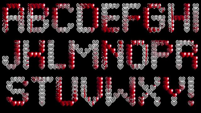 Beating hearts letters. Animated alphabet. A set for composing words and phrases. Alpha channel. Loop.
