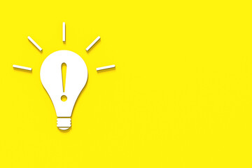 White light bulb with shadow on yellow background. Illustration of symbol of idea. Exclamation point inside light bulb. Horizontal image. 3D image. 3D rendering.