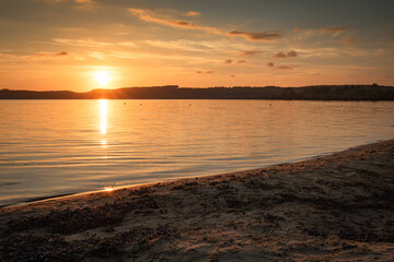 beautiful sunset scenery above the lake in south west of france, les landes