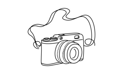 line drawing Photo camera linear style. Black image isolated on white background. Hand drawn minimalism style vector illustration doodle style
