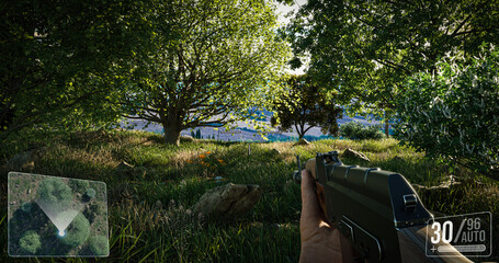 First person shooter war game screenshot concept - man running with AK-47 rifle through the lush forest - 3d illustration