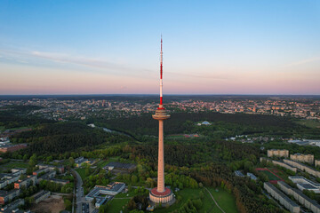 Aerial sunny evening sunset view of Vilnius TV Tower