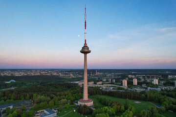 Naklejka premium Aerial sunny evening sunset view of Vilnius TV Tower
