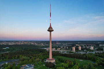 Aerial sunny evening sunset view of Vilnius TV Tower