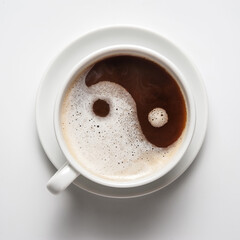 White cup of coffee with froth top view. Ying-yang symbol