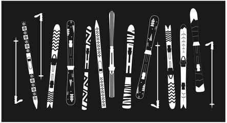 Ski set with pattern. different Ski design. type of ski. Black and white poster minimalistic. Winter sport.