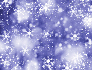 Very peri color of the year 2022. abstract winter background. Snowflakes and snow with bokeh effect.
